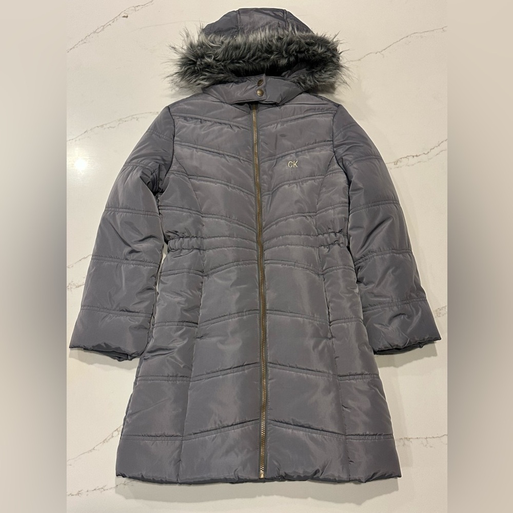 Calvin Klein Girl's Gray Puffer Coat with Faux Fur Hood